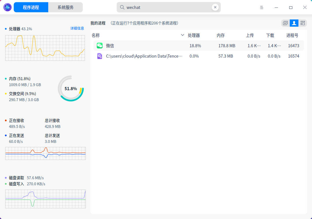 精简后的微信内存占用